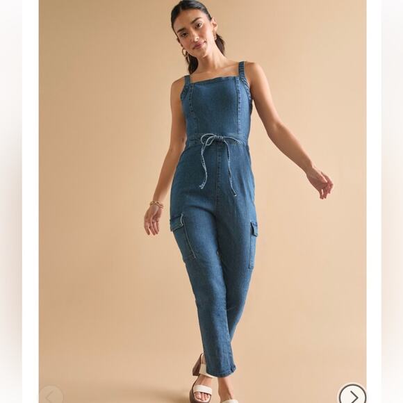 francescas kirsten blue denim tie front straight leg square neck jumpsuit small - Picture 8 of 8